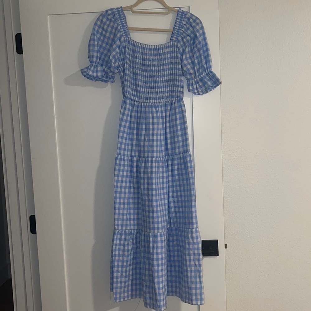 Blue gingham style midi dress